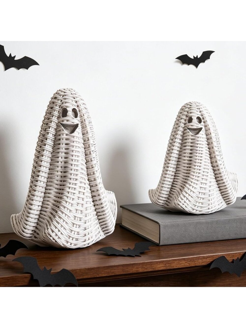 2PCS Halloween Faux Rattan Ghost Decor Gray Woven Wicker Mantel Shelf Figurine